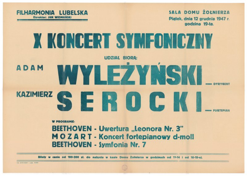 Afisz koncertu Serockiego - 
	Afisz zapowiadający występ Serockiego w Filharmonii Lubelskiej z Koncertem fortepianowym d-moll Mozarta (Polona)

