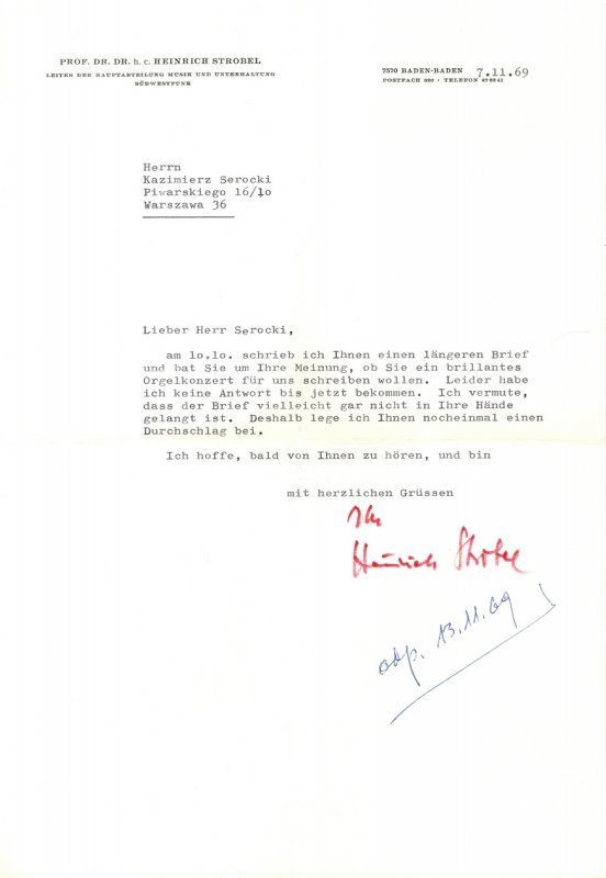 Letter from Heinrich Strobel - 
	Letter from Heinrich Strobel, head of the Music Department of Südwestfunk in Baden-Baden, 7 November 1969 (Warsaw University Library)