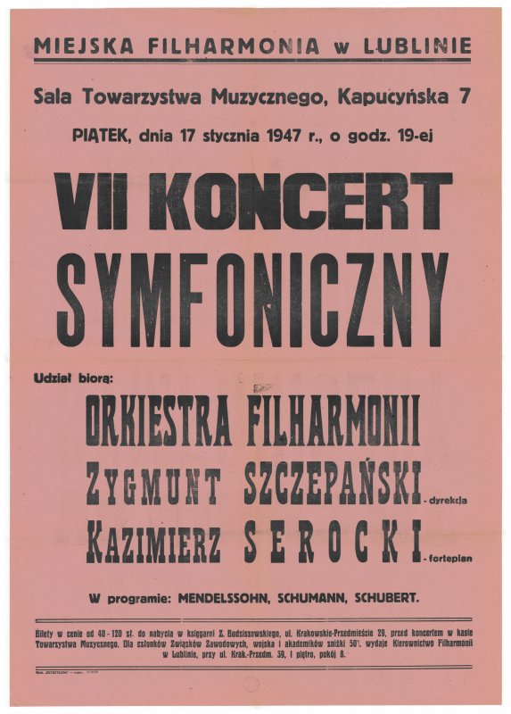 Afisz koncertu Serockiego - 
	Afisz koncertu Serockiego w Lublinie, podczas którego grał Koncert a-moll Schumanna (Polona)
