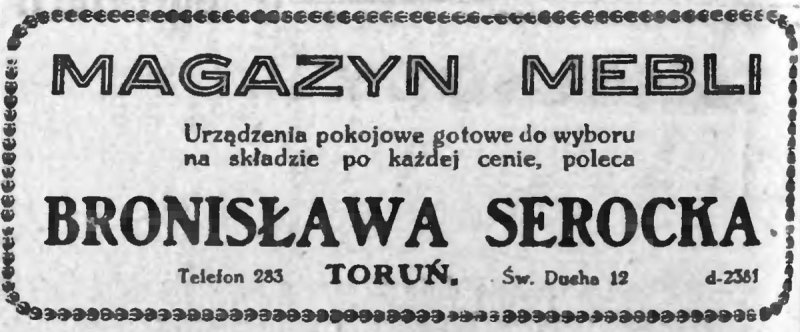 Ogłoszenie Bronisławy Serockiej - 
	Ogłoszenie zamieszczone przez matkę kompozytora, Stanisławę Serocką, w „Słowie Pomorskim", 4 listopada 1928 roku
