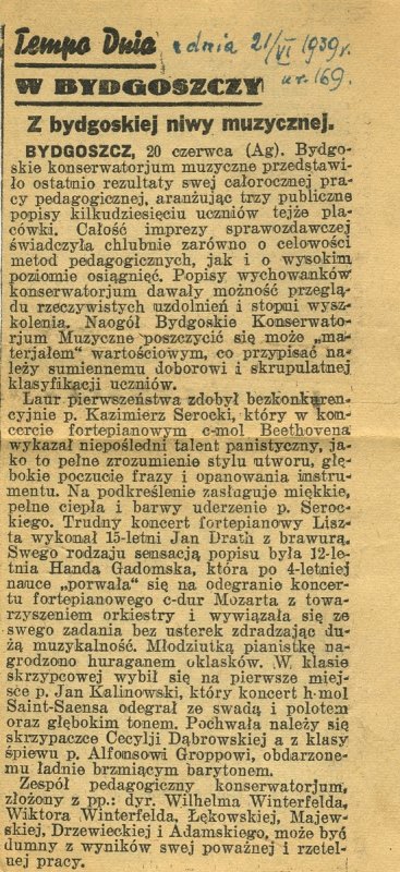 Bygdoszcz Music Conservatory students concert review - 
	Bygdoszcz Music Conservatory students concert review. Serocki performs Beethoven's Piano concerto in C minor (Tempo dnia, 21 June 1939)