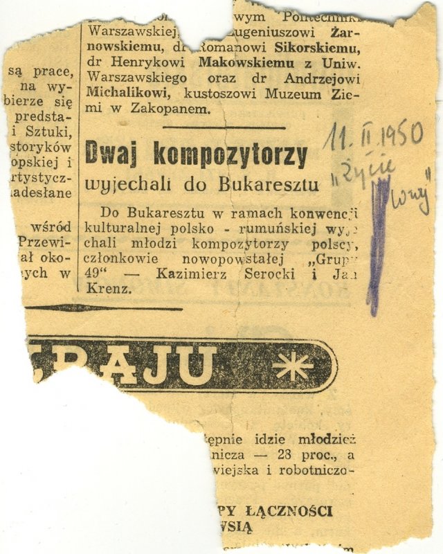 Press information about Serocki's tour to Romania - 
	Press information on Serocki's tour to Romania ("Two composers went to Bucharest", Życie Warszawy, 11 February 1950)