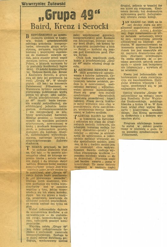Review of the first concert of "Group 49" - 
	Review of the first concert of the "Group 49" in Warsaw (Wawrzyniec Żuławski,&nbsp;"Group 49. Baird, Krenz and Serocki", 1950)